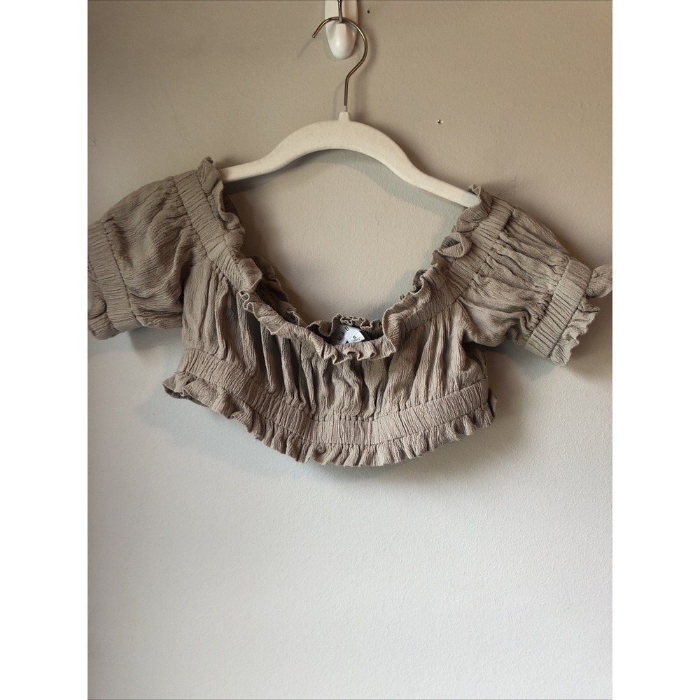 Mabel Size S Top Off Shoulder Ruffled Crop Taupe